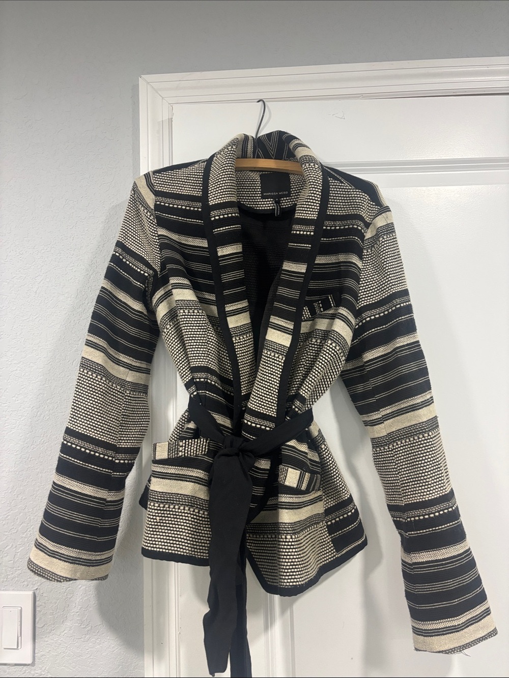 Marissa Webb Black & Cream Striped Shawl Collar Belted Jacket